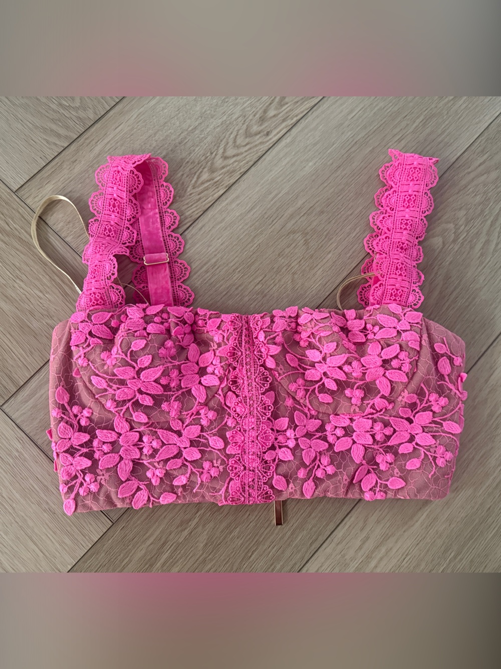 Bronx and Banco Hot Pink Floral Lace Crop Top